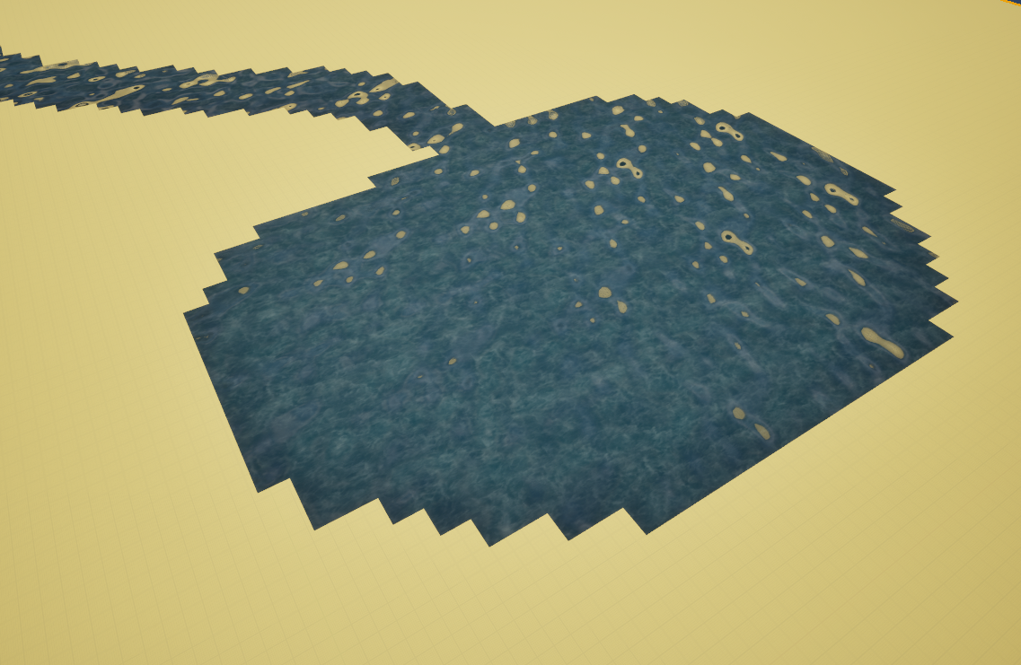 The same lake and river with world-space UVs, showing the water texture flowing continuously across tiles with no repeating pattern or visible seams