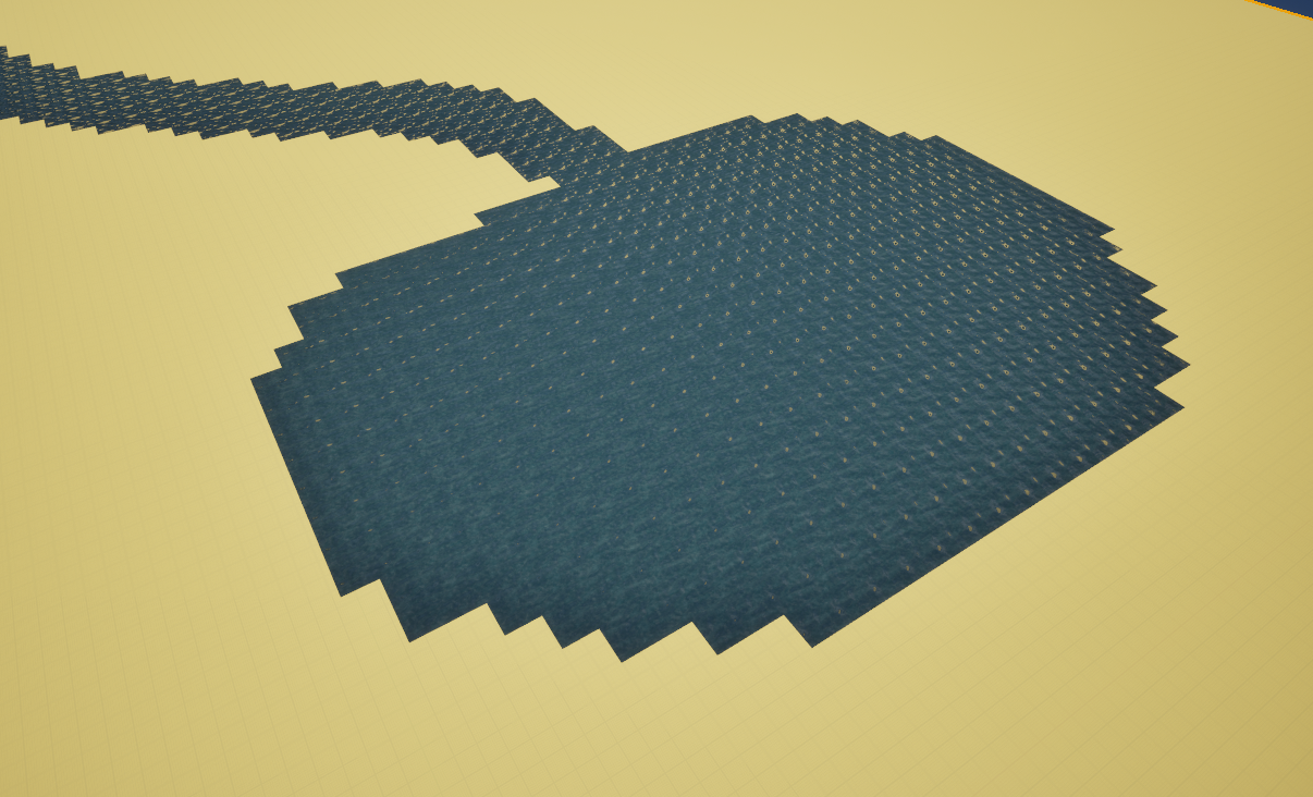 The lake and river with per-tile UVs, showing the water texture repeating identically on every tile in a visible grid pattern