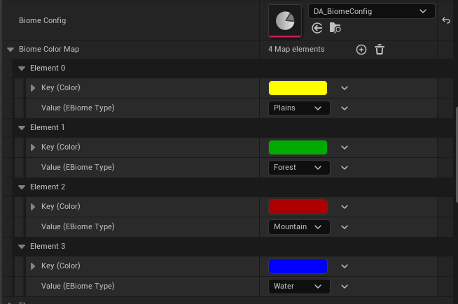 The BiomeColorMap details panel on the DA_BiomeConfig asset, mapping yellow to Plains, green to Forest, red to Mountain, and blue to Water