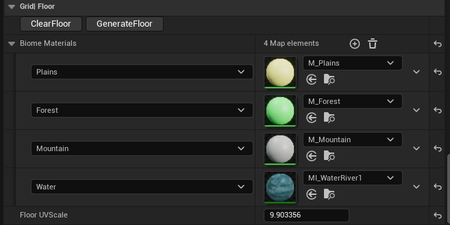 The BiomeMaterials details panel on the grid actor, assigning M_Plains, M_Forest, M_Mountain, and MI_WaterRiver1 to each biome type