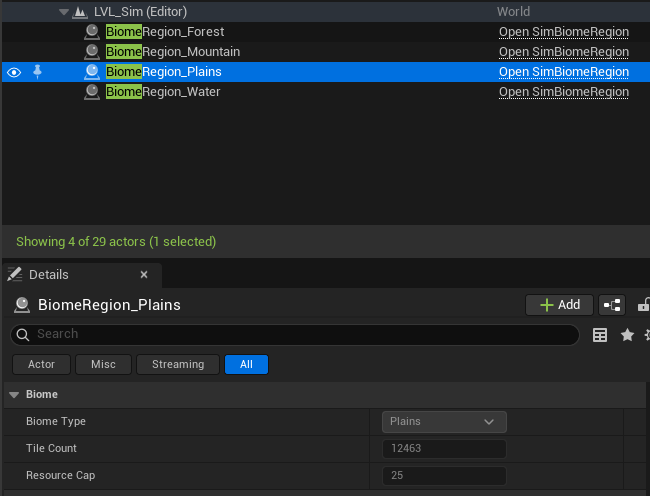 The World Outliner filtered to BiomeRegion actors, showing 4 of 29 total, with the Details panel for BiomeRegion_Plains showing Biome Type Plains, Tile Count 12463, Resource Cap 25