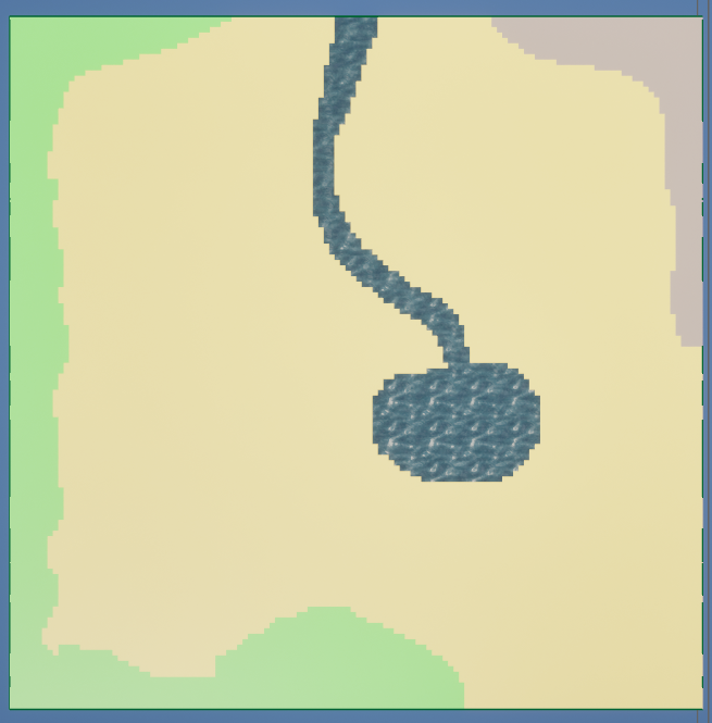 The generated floor mesh, showing the same lake, river, forest border, and mountain corner as the source pixel drawing, now rendered with real materials