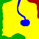 The hand-painted biome map: yellow plains, a green forest border, a red mountain corner, and a blue lake with a river trailing off it