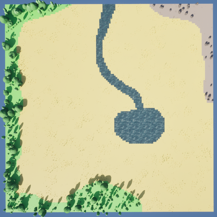Top-down view of the generated world with trees lining the forest edges, rocks scattered across the mountain corner, and the lake and river left bare