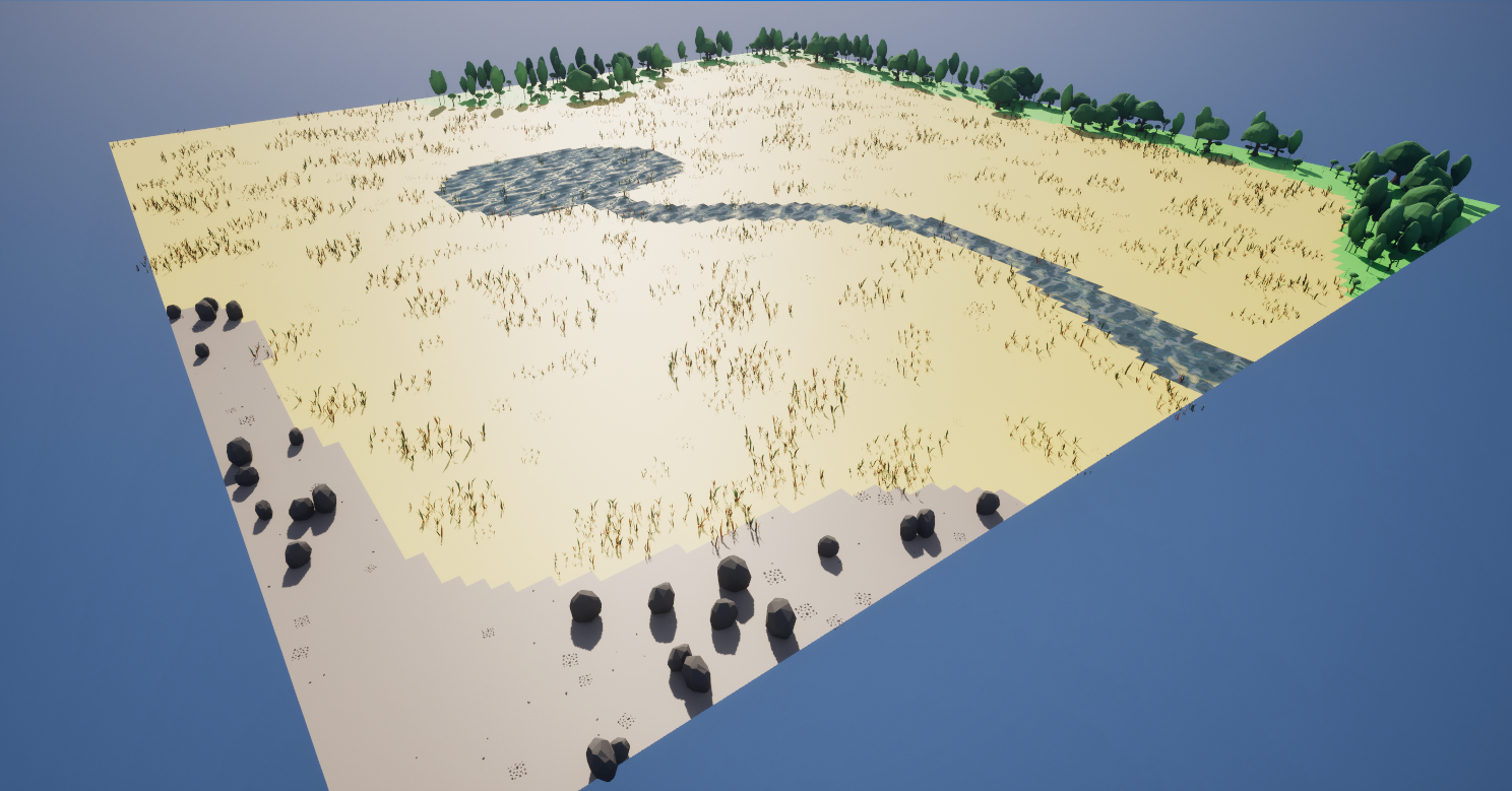 Angled view of the plains showing scattered grass clumps at low density, with a tree line along one edge and boulders along another